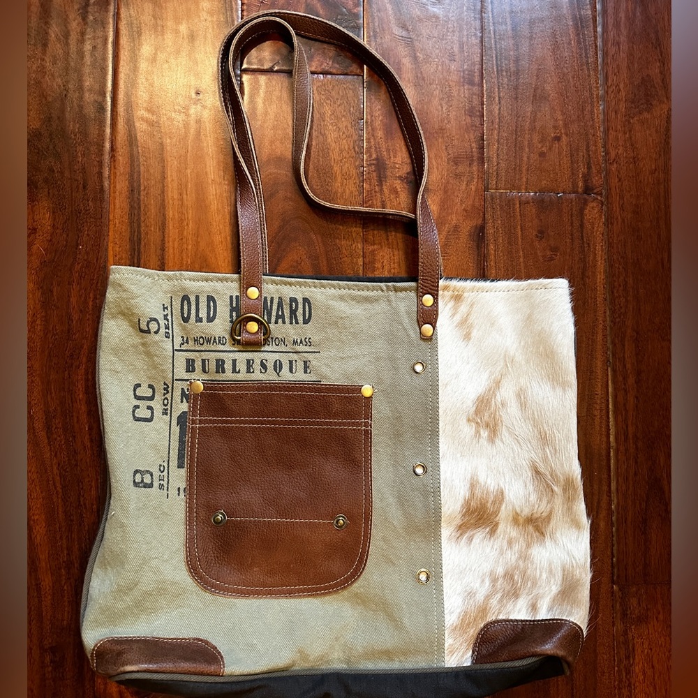 Myra Bag Leather Pocket Upcycled Canvas Tote Bag Brown, One Size